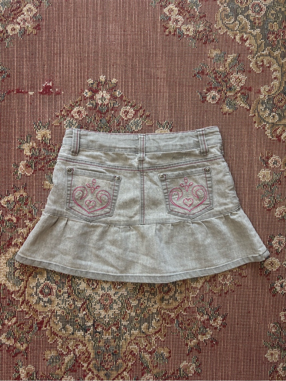 Y2K Gray Denim Ruffle Mini Skirt with Pink Embroidered Pockets